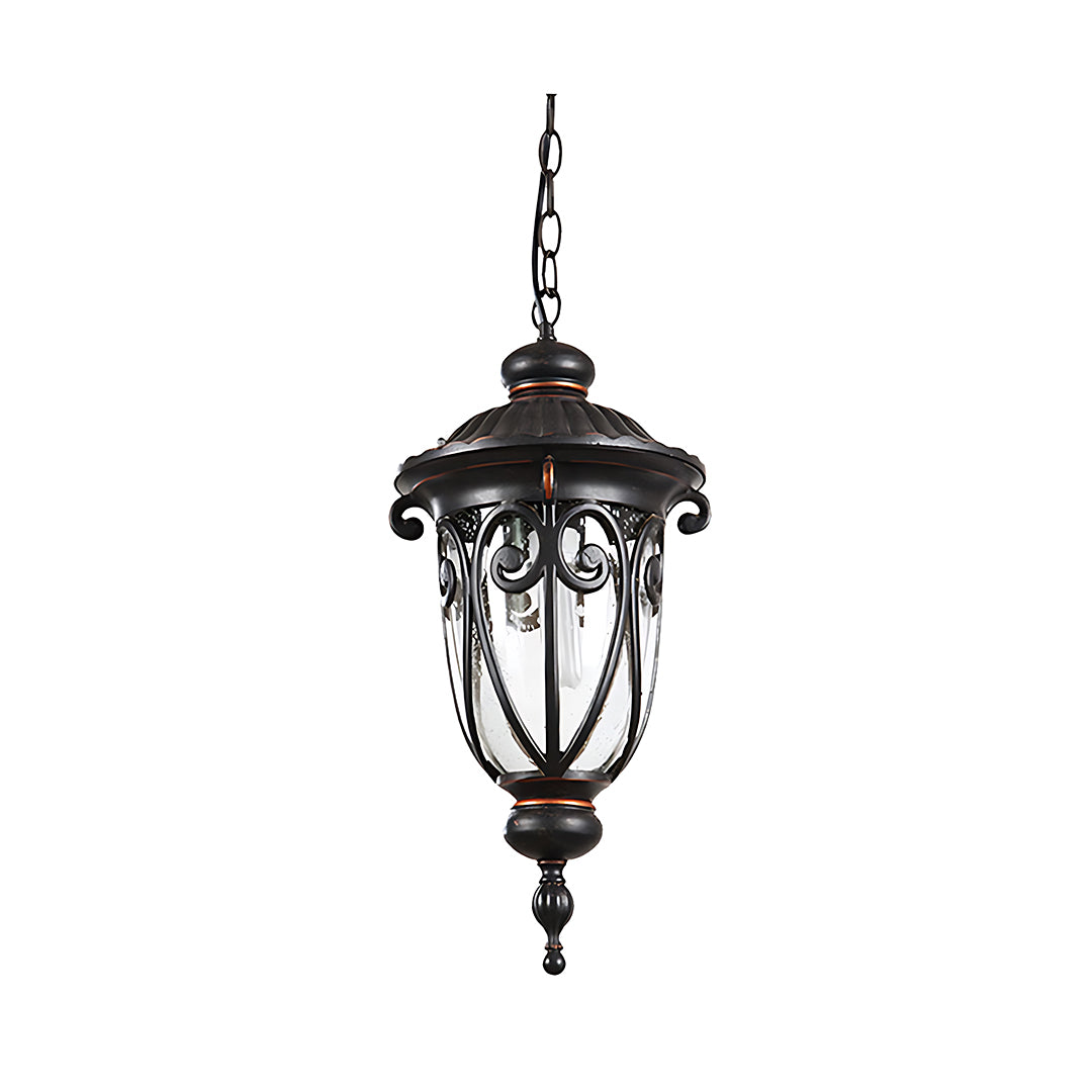 Classic outdoor pendant light with decorative metalwork displayed against neutral backdrop
