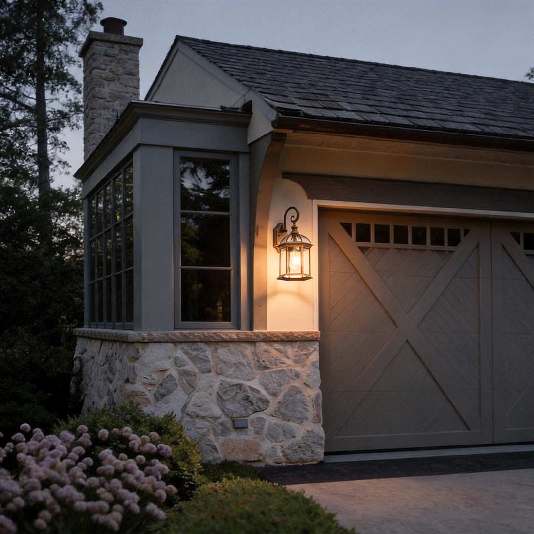 Classic outdoor wall lanterns enhancing a modern garage exterior with elegant ambient light.