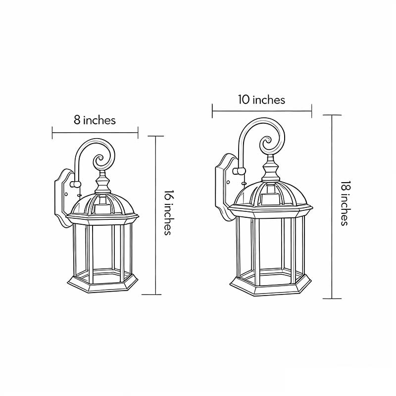 Technical diagram showing dimensions and structure of classic outdoor wall lanterns models.