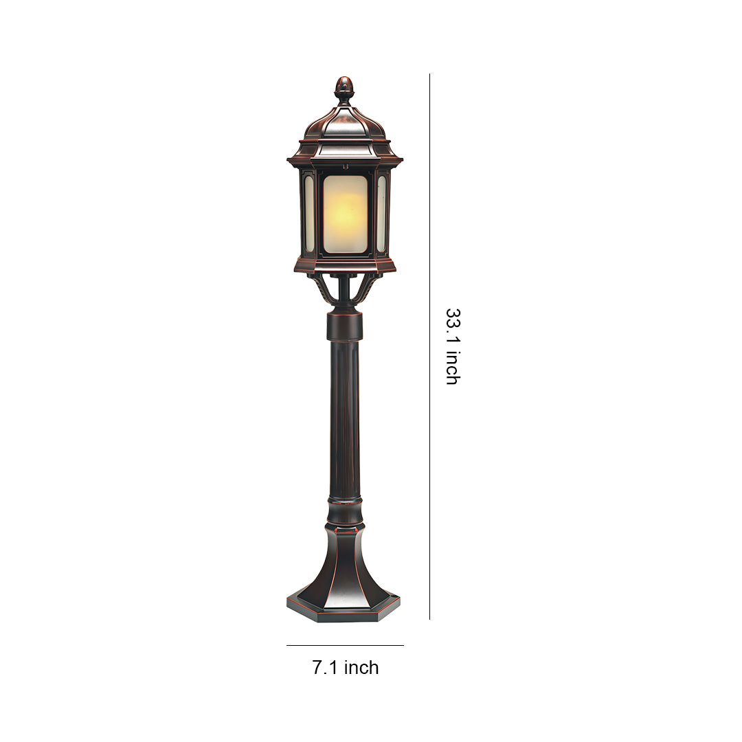 Classic path bollard light with frosted glass lantern and decorative bronze post, shown with height measurement guide