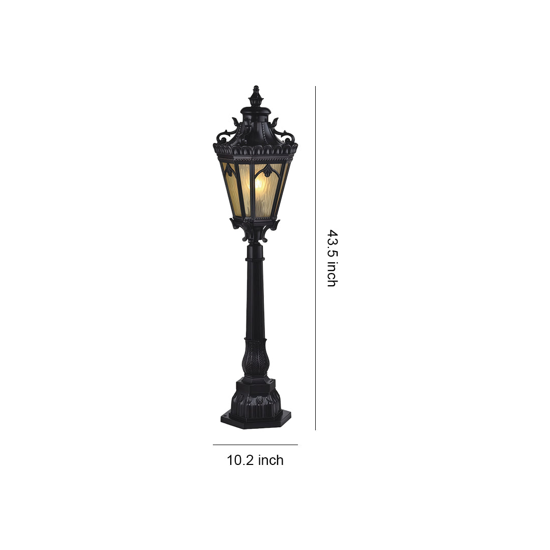 Classic pathway lighting bollard with decorative metalwork and frosted glass, shown with height measurement