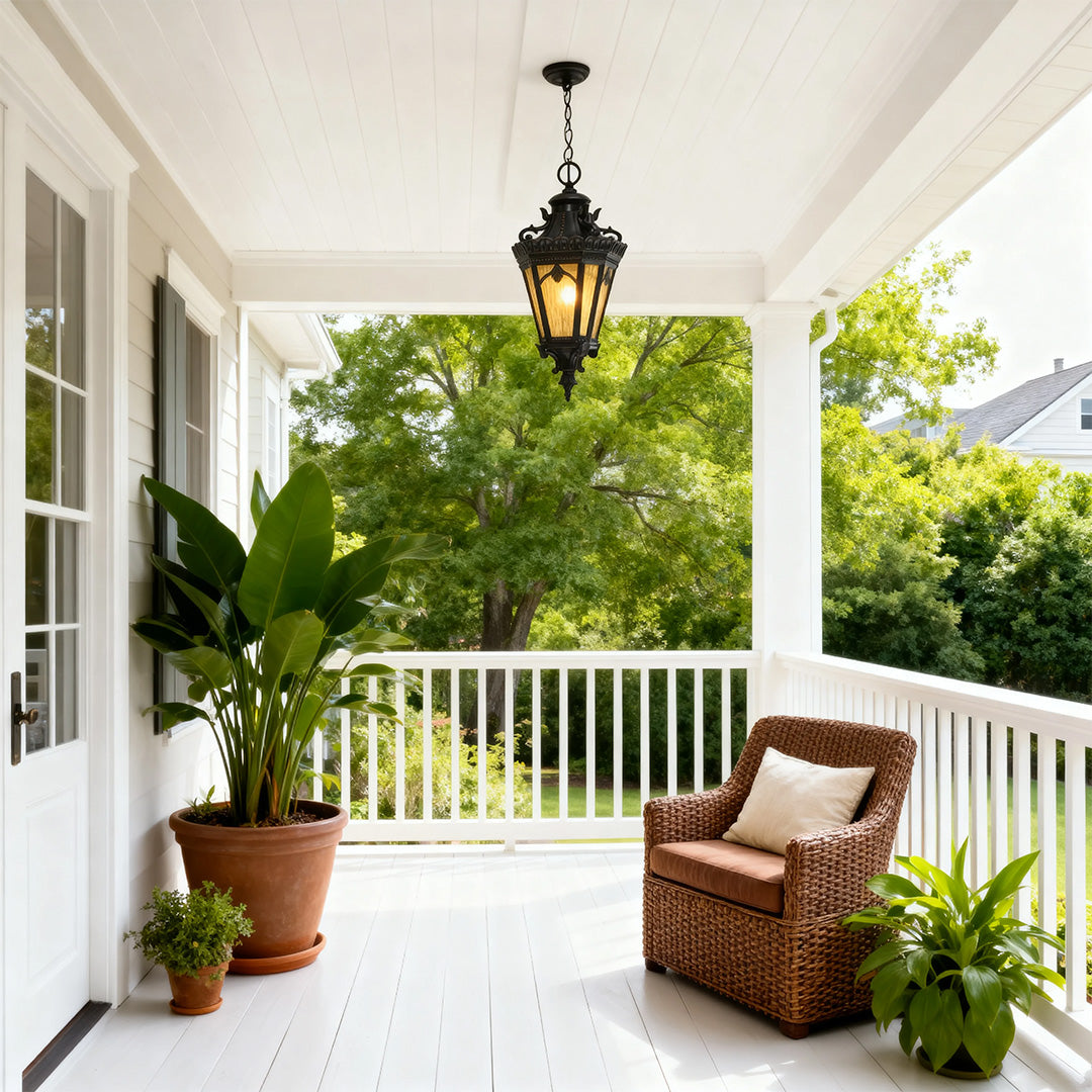 Classic pendant light outdoor brightening white covered porch with rocking chairs and decorative railing
