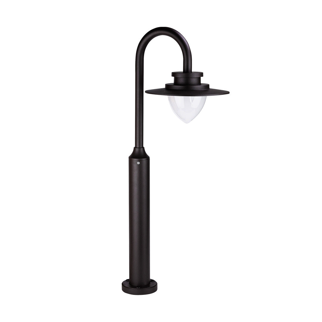 Classic black shepherd's hook bollard light with curved arm and lantern-style LED fixture