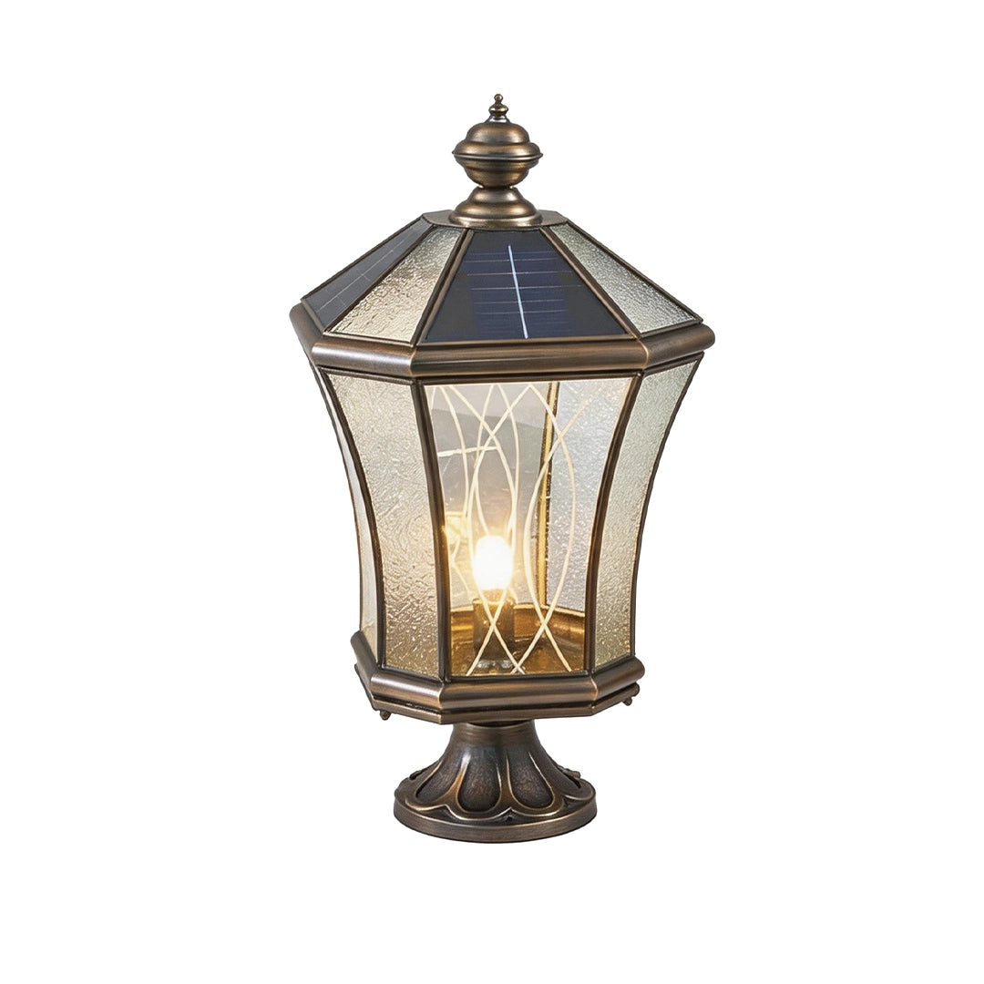 Classic solar pillar lantern with antique bronze frame and decorative glass
