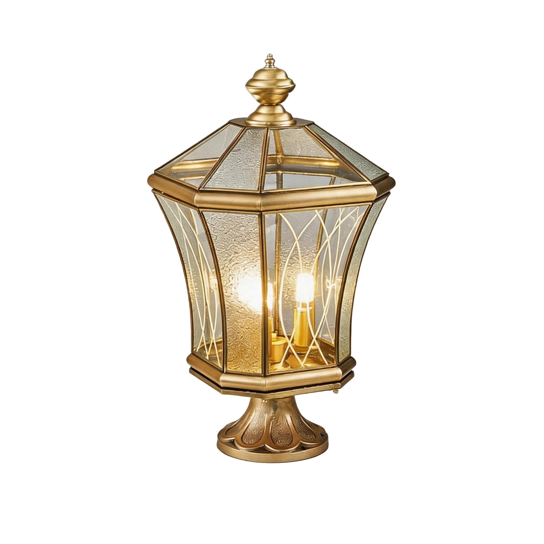 Classic solar pillar lantern with brass finish and decorative glass panels