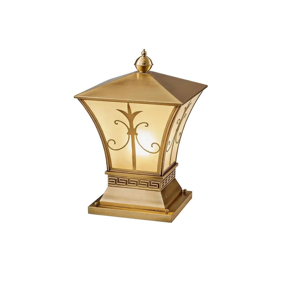Classic solar pillar lantern with brass frame ornate design and warm illumination