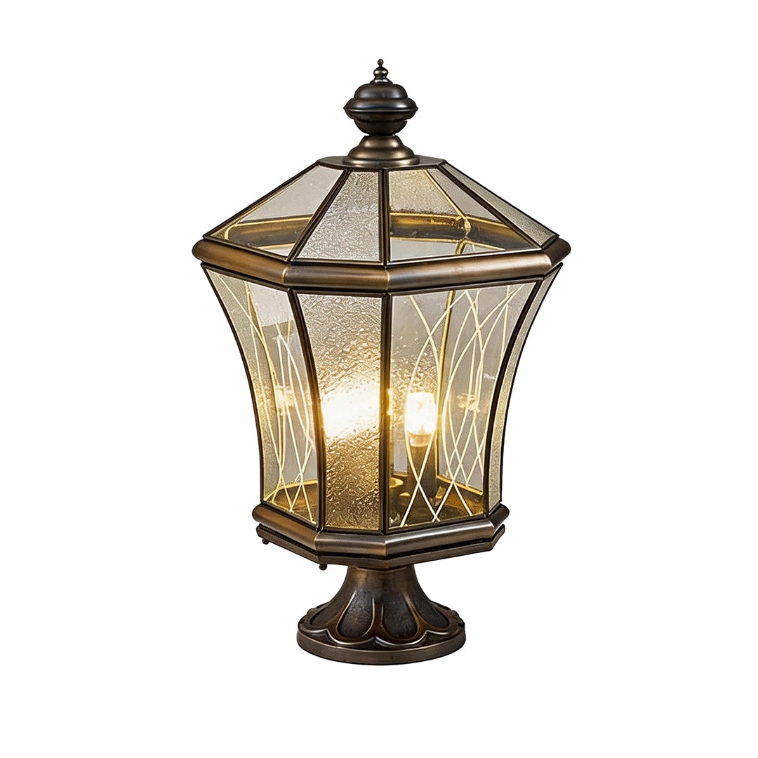 Classic solar pillar lantern with bronze metal frame and warm ambient lighting
