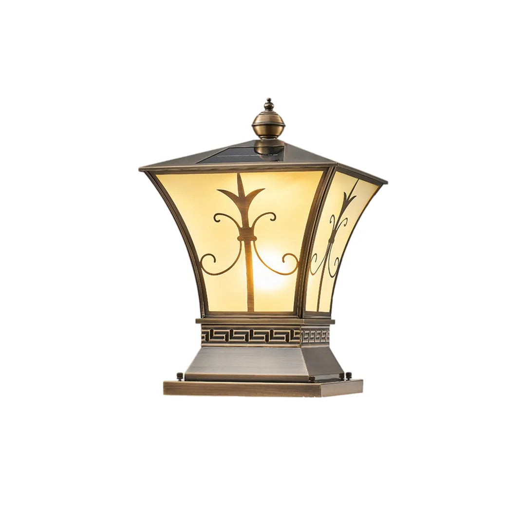 Classic solar pillar lantern with dark bronze frame and illuminated frosted glass