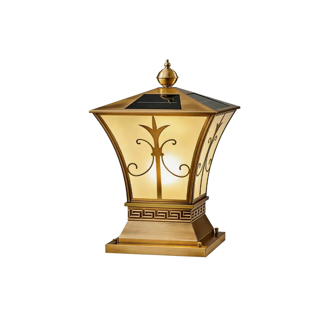 Classic solar pillar lantern with gold metal frame and integrated rooftop solar panel
