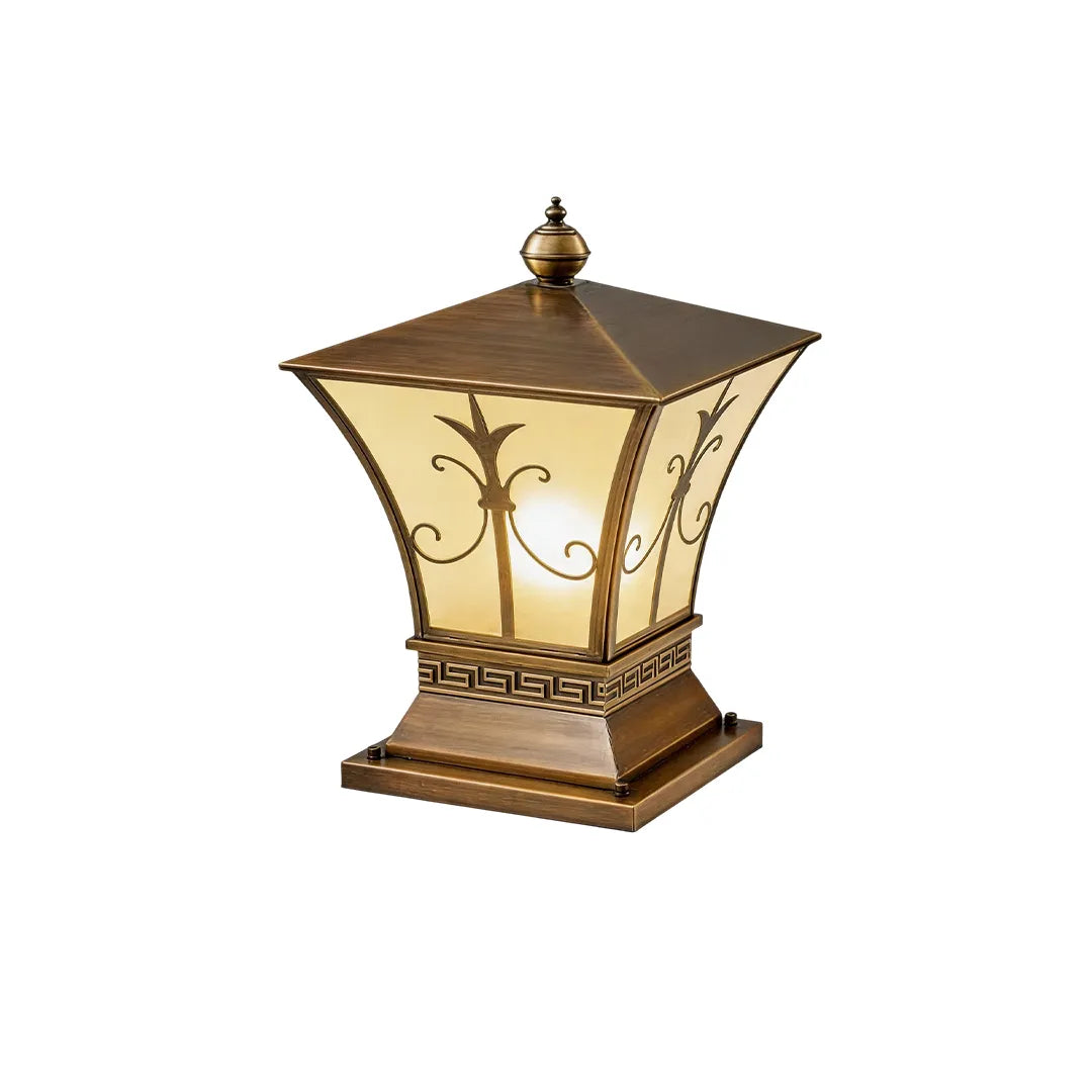 Classic solar pillar lantern with bronze finish palm leaf pattern and warm glow