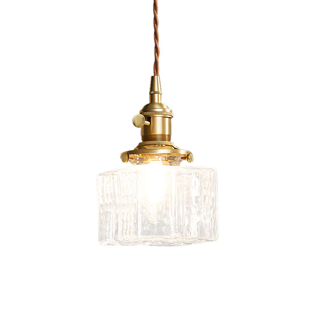 Classic square glass pendant light with ribbed glass pattern and warm brass mounting for timeless appeal, 5.3 inch width.