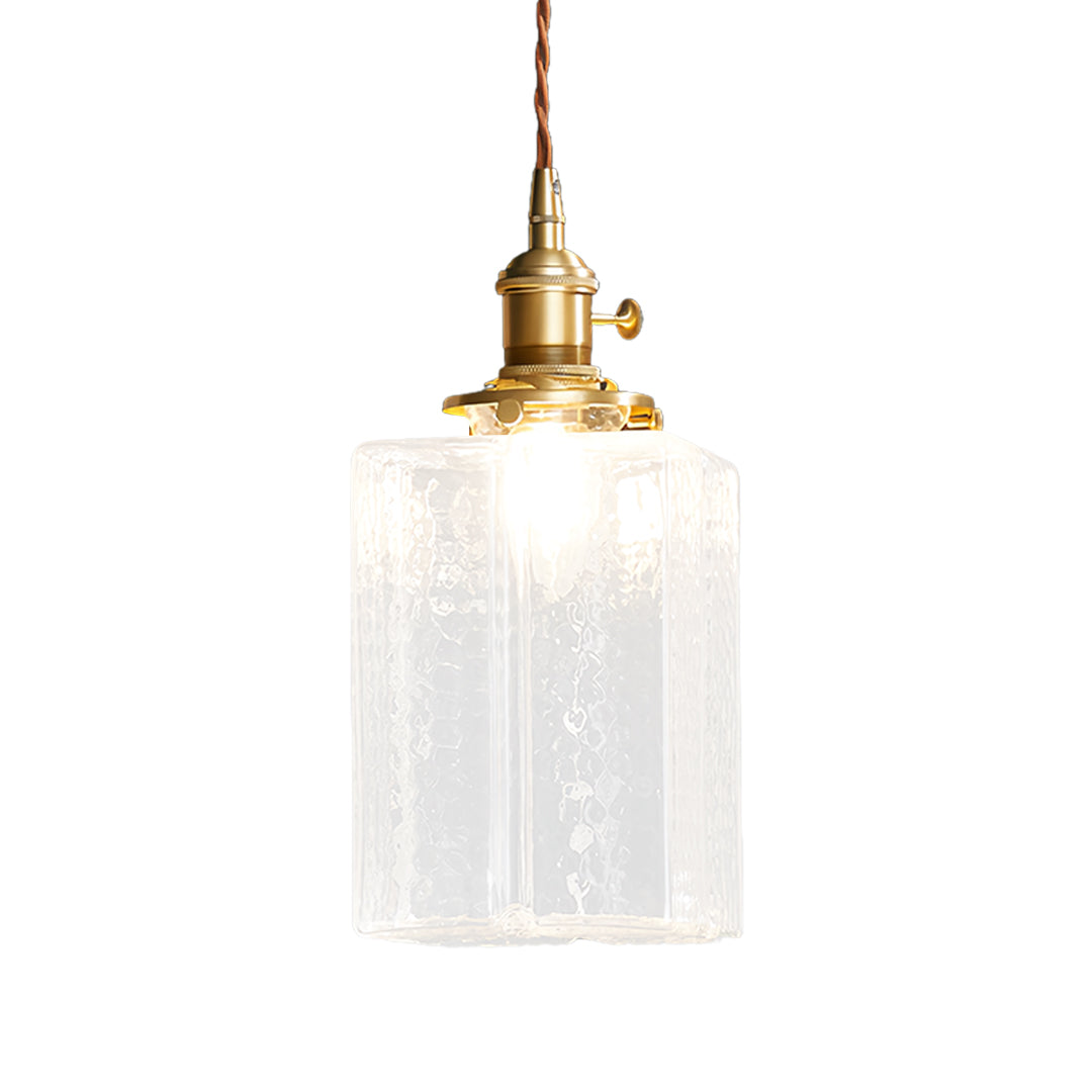 Classic square glass pendant light with ribbed glass pattern and warm brass mounting for timeless appeal, 6.5 inch width.