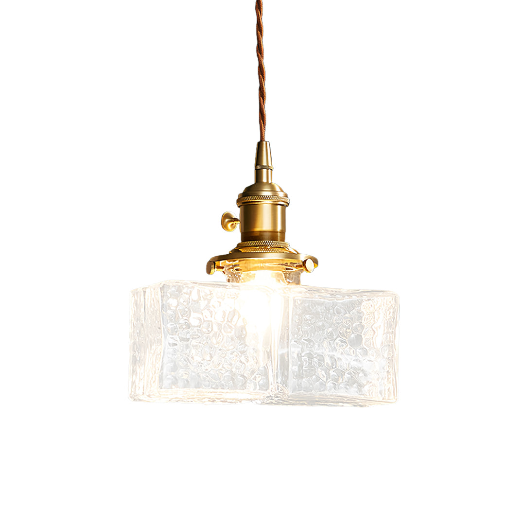 Classic square glass pendant light with ribbed glass pattern and warm brass mounting for timeless appeal, 7.1 inch width.
