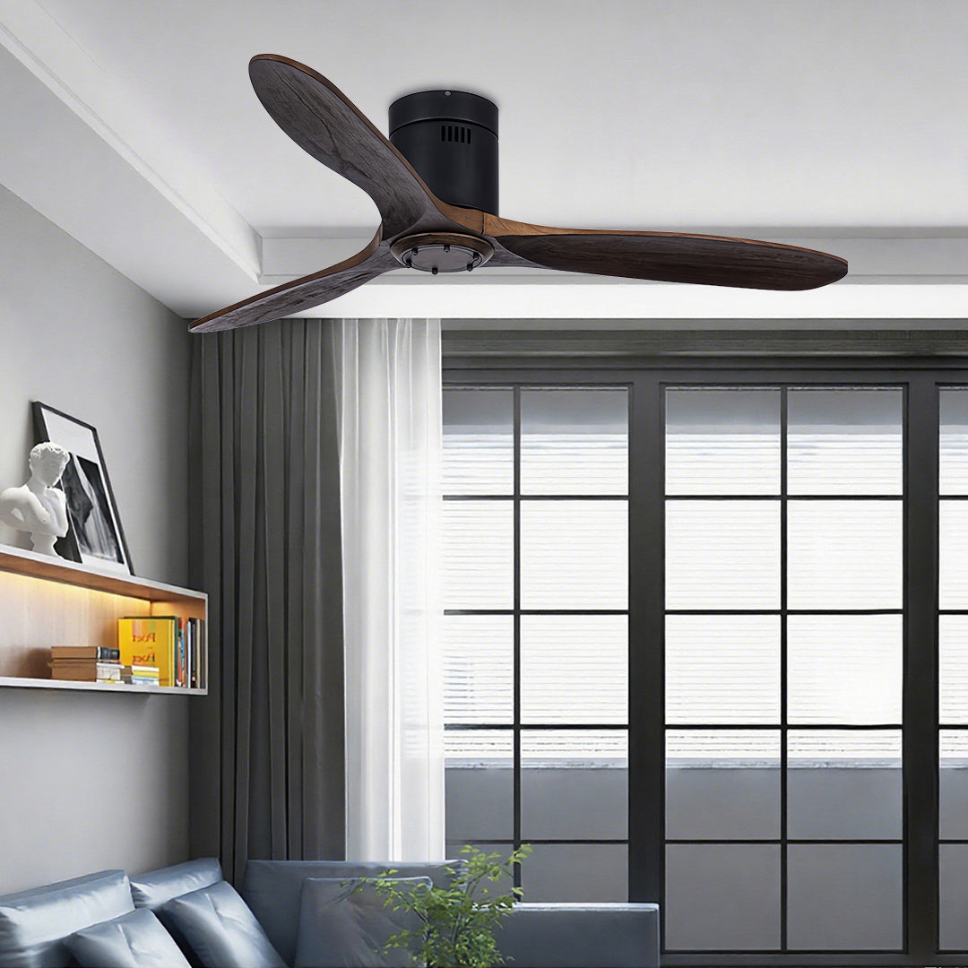 Classic three blade wooden ceiling fan with light in sophisticated home interior with large windows