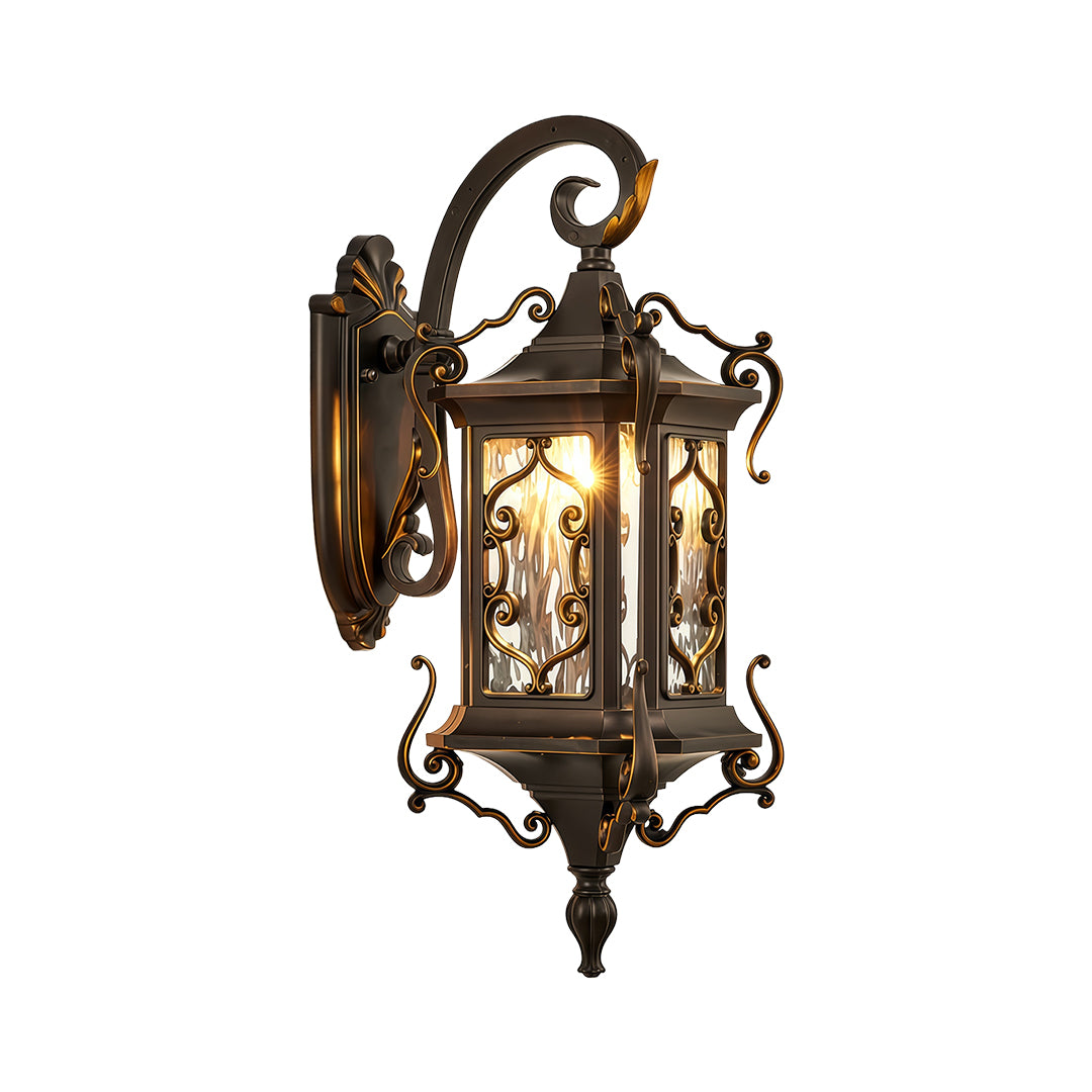 Classic Outdoor Wall Sconce Light with ornate frame and glass panels, ideal for villa entrances.