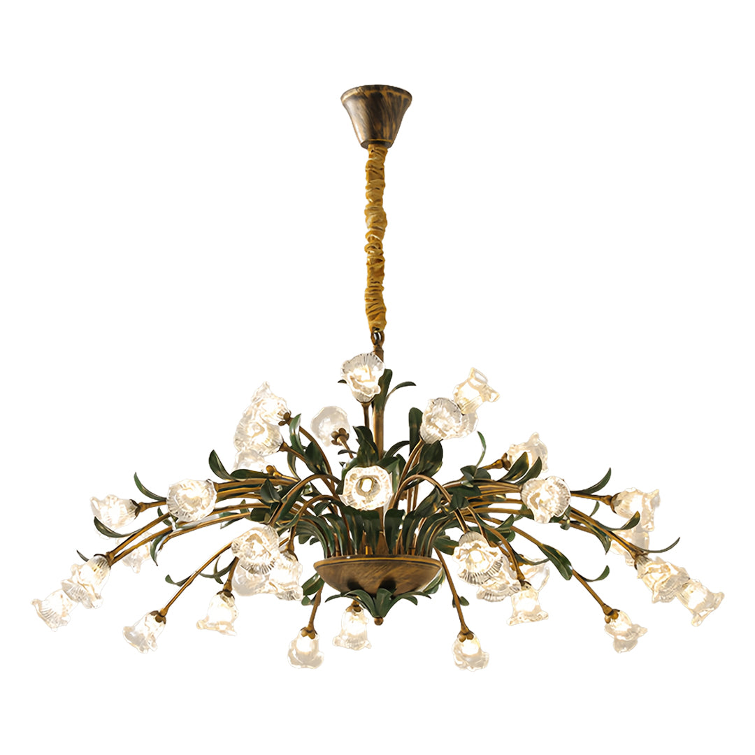 Classic vintage floral chandelier displaying delicate flower details and warm brass finish construction
