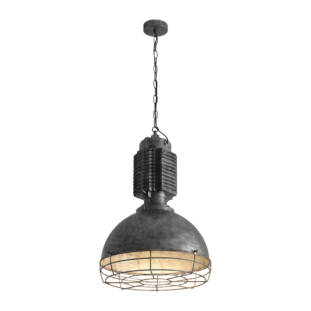 Classic vintage industrial pendant lighting featuring aged metal shade with ornate cage guard and chain suspension