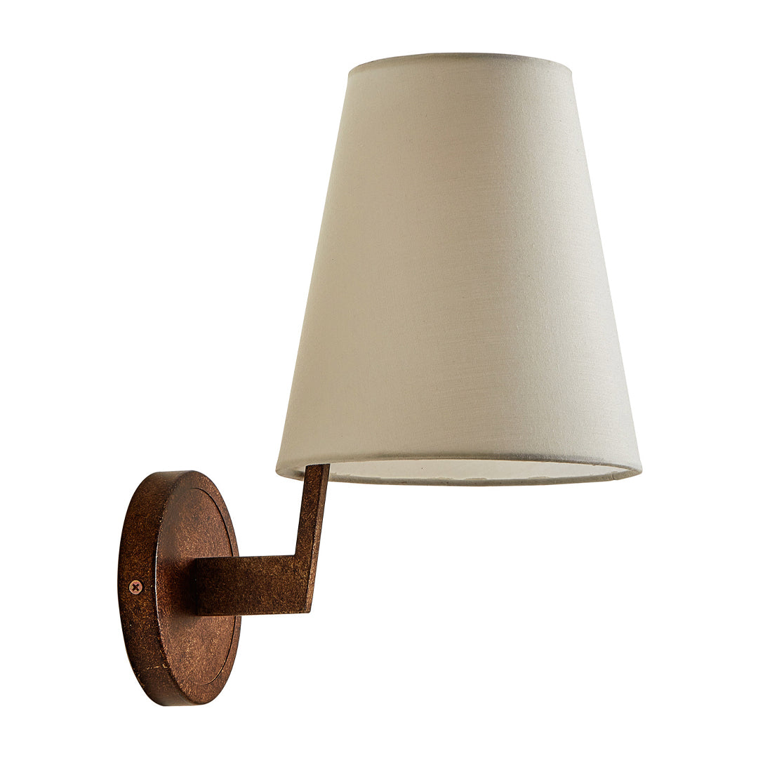 Classic vintage wall lights featuring conical cream shade mounted on rustic wooden arm with warm brown patina