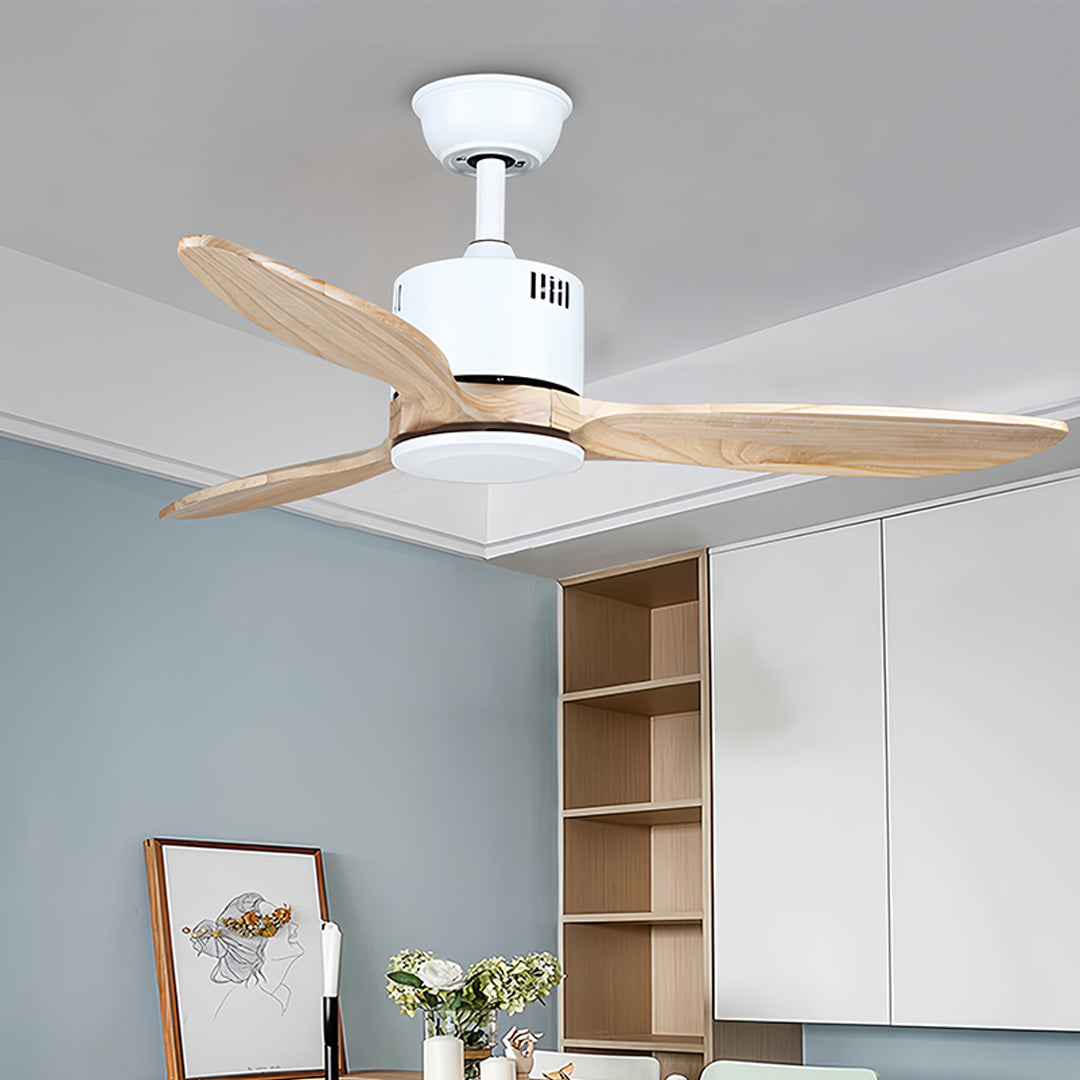 Classic wooden ceiling fan with light in warm wood finish for cozy interior spaces