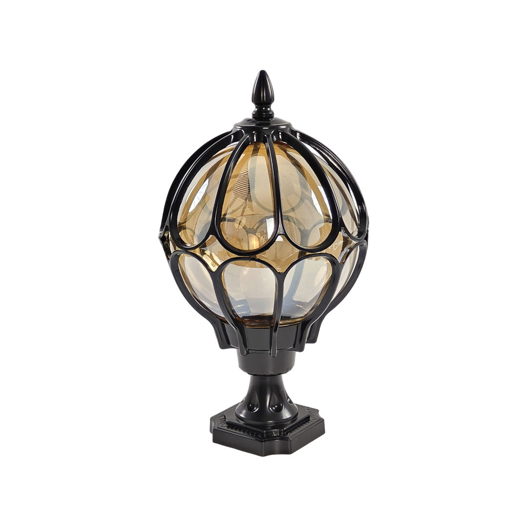 Classical black outdoor globe pillar light with a cage design isolated on white background ok.