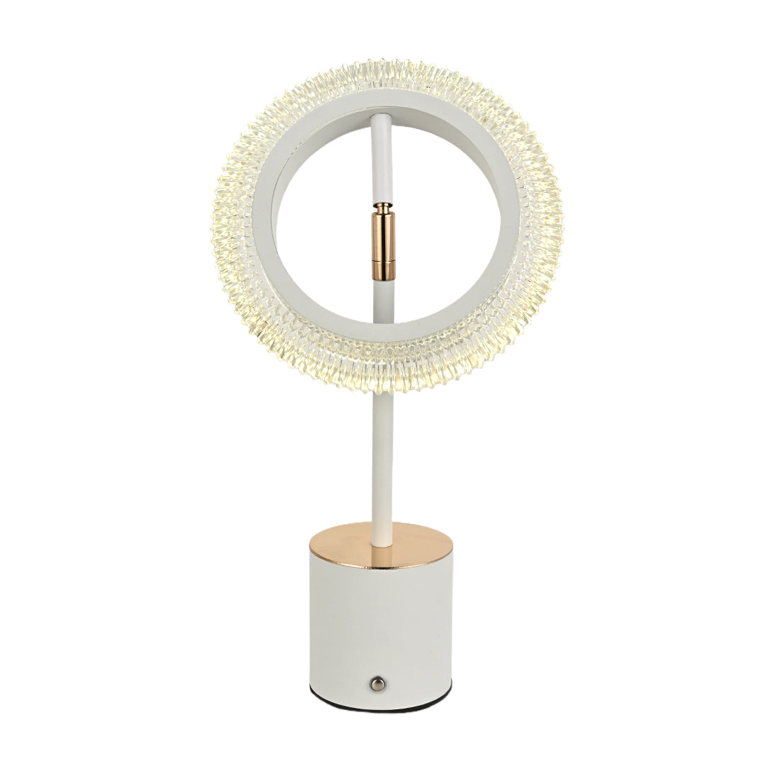 Clean isolated view of the white ring table lamp featuring a minimalist base and sparkling circular light.