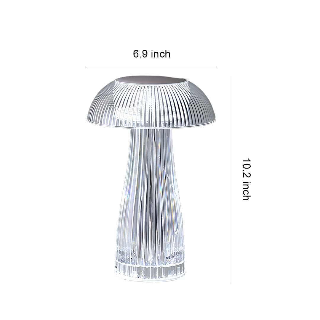 Clear crystal table lamp with ribbed glass design and technical dimensions specification