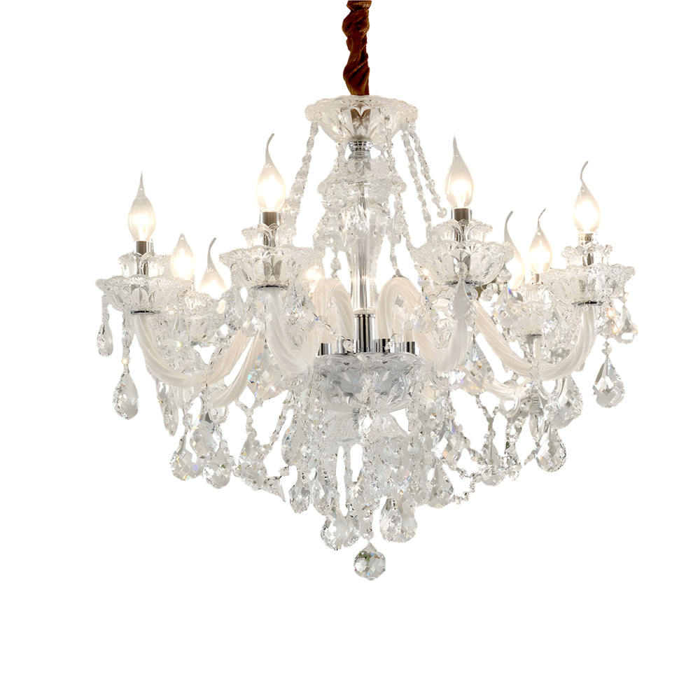 Clear glass candlelight chandelier with multiple candle bulbs shown on a white background.