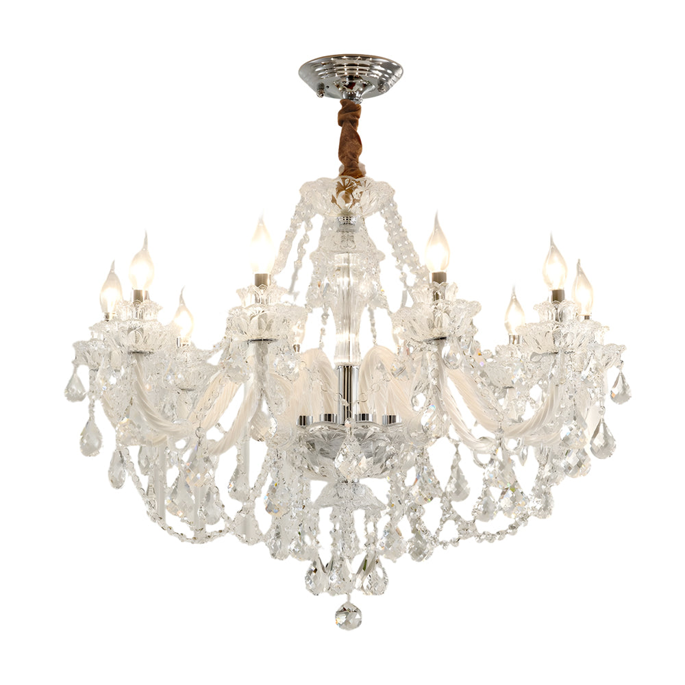 Wide clear glass candlelight chandelier with crystal drops and candle bulbs shown on white.
