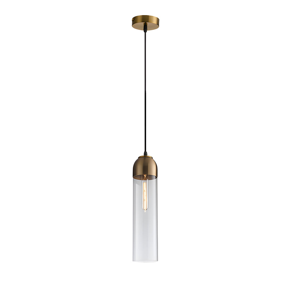 A professional clear glass Gold Frosted Cylinder Pendant fixture with an Edison filament bulb.