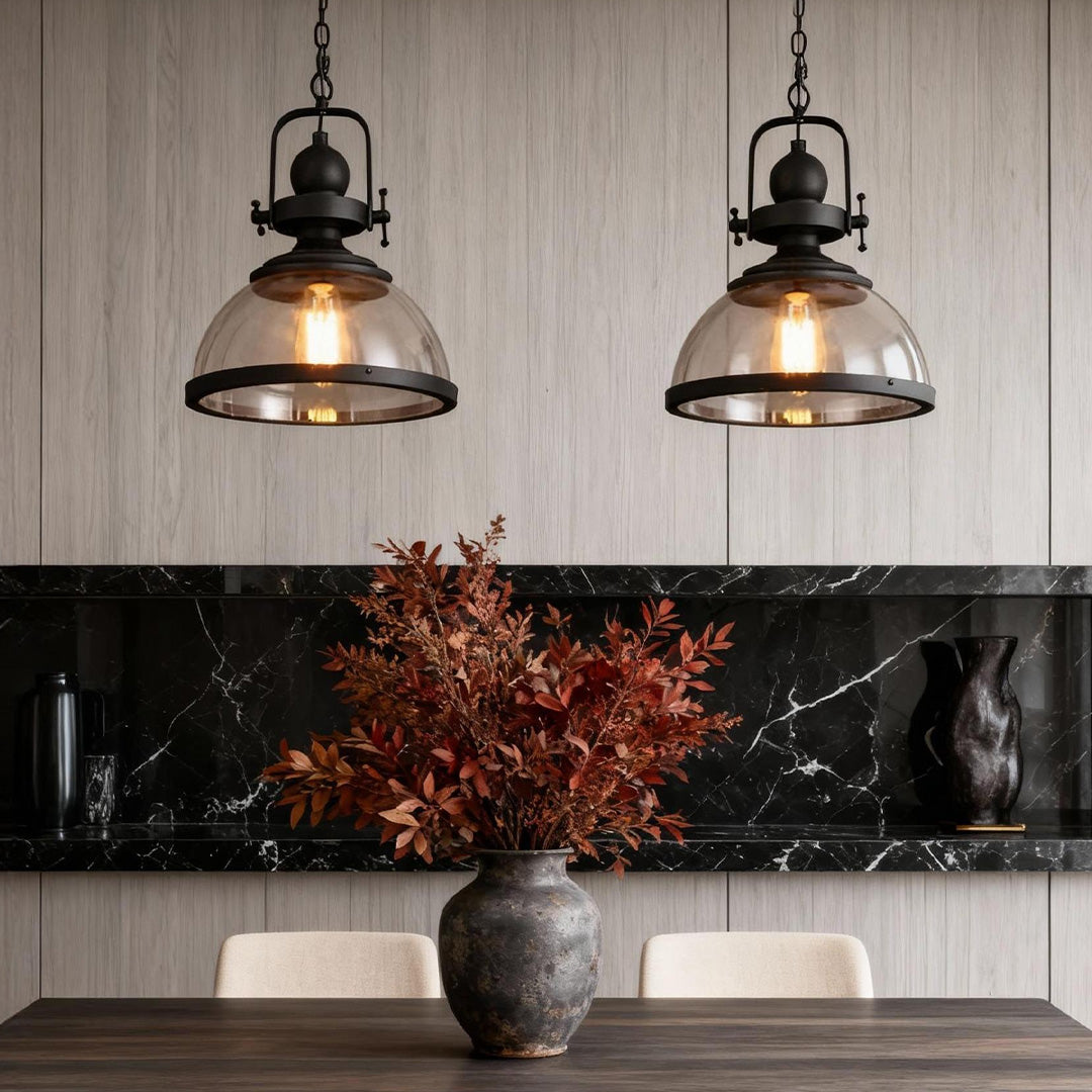 Modern clear glass pendant lighting over kitchen island
