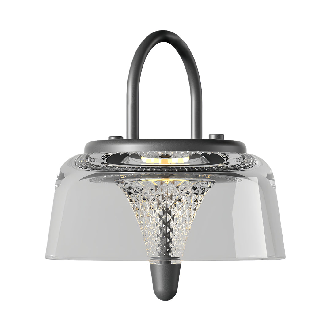 Clear pendant light with a detailed bottom view, showcasing its unique and elegant design.