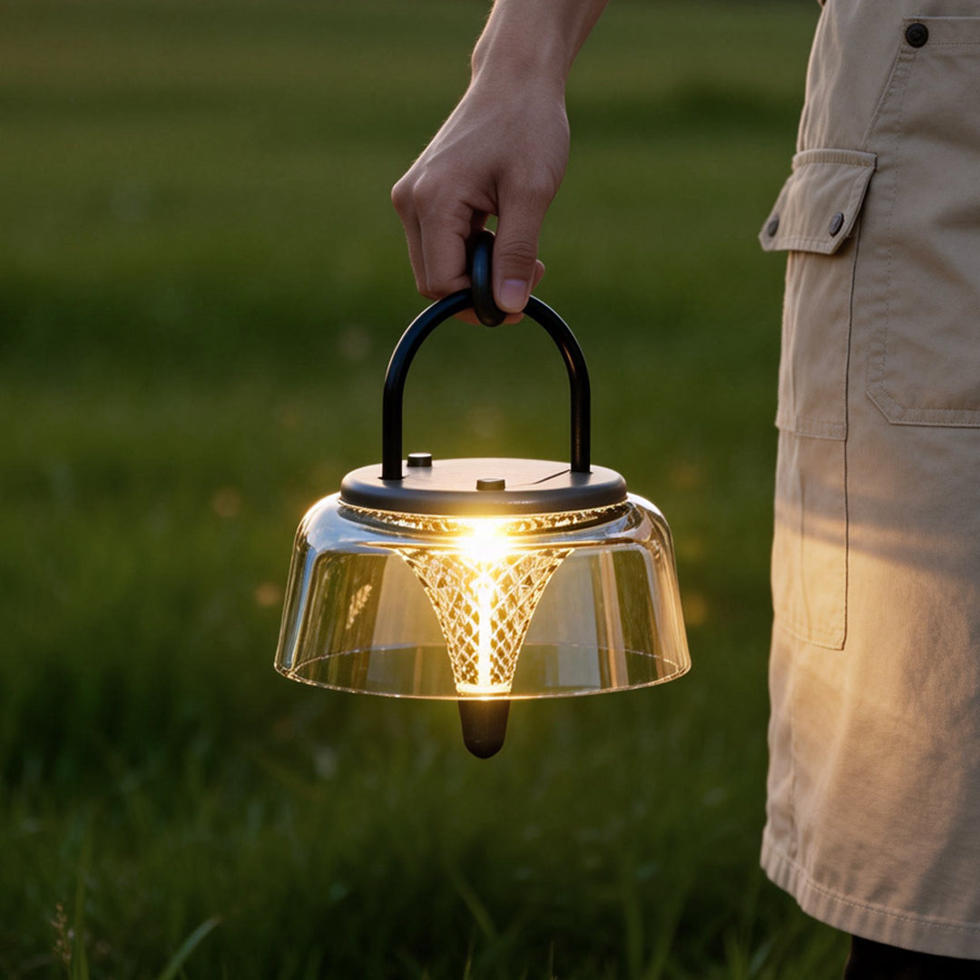 Clear pendant lights with intricate cut patterns, creating a sparkling effect in outdoor spaces.