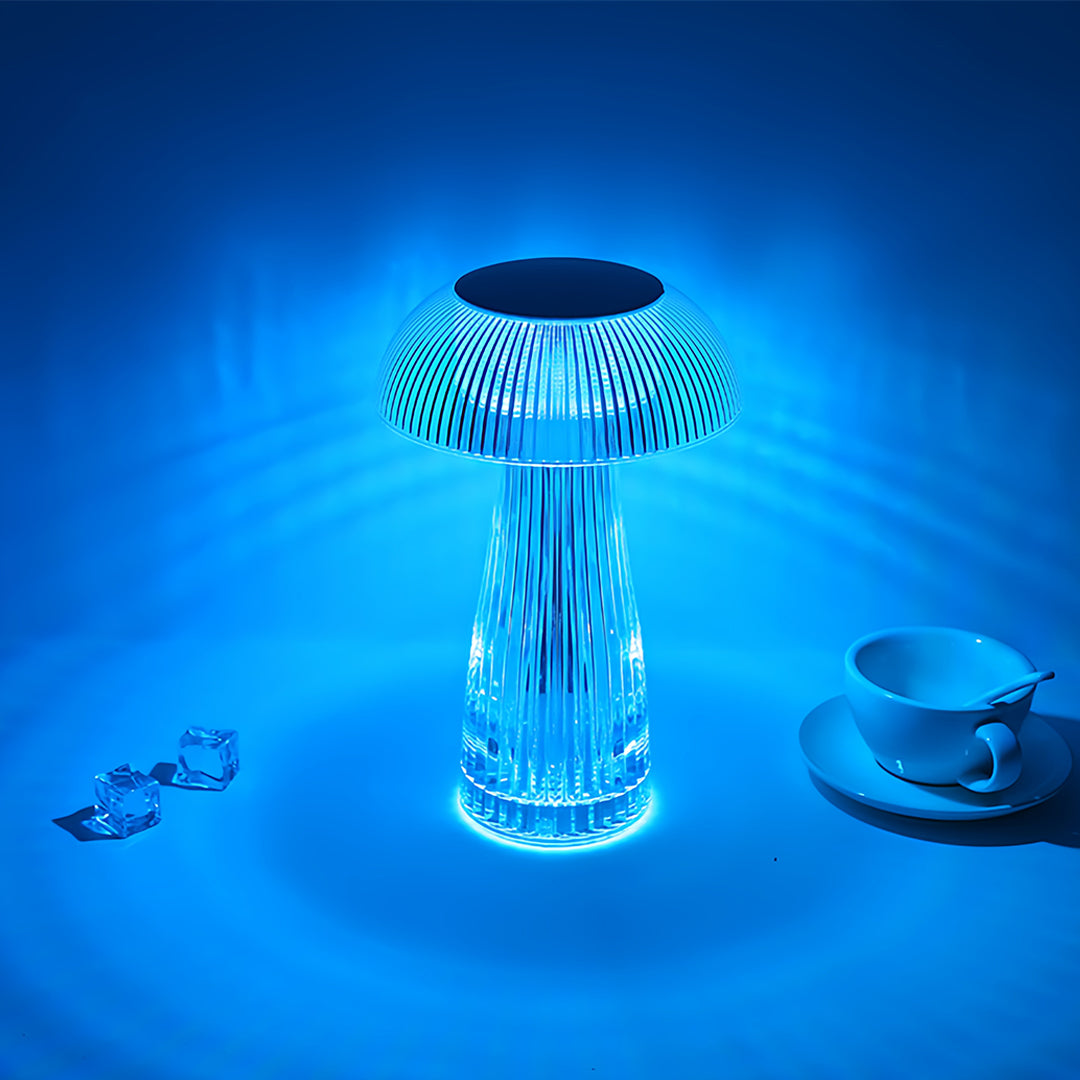 Clear table lamp with striking blue LED illumination showcasing modern lighting technology