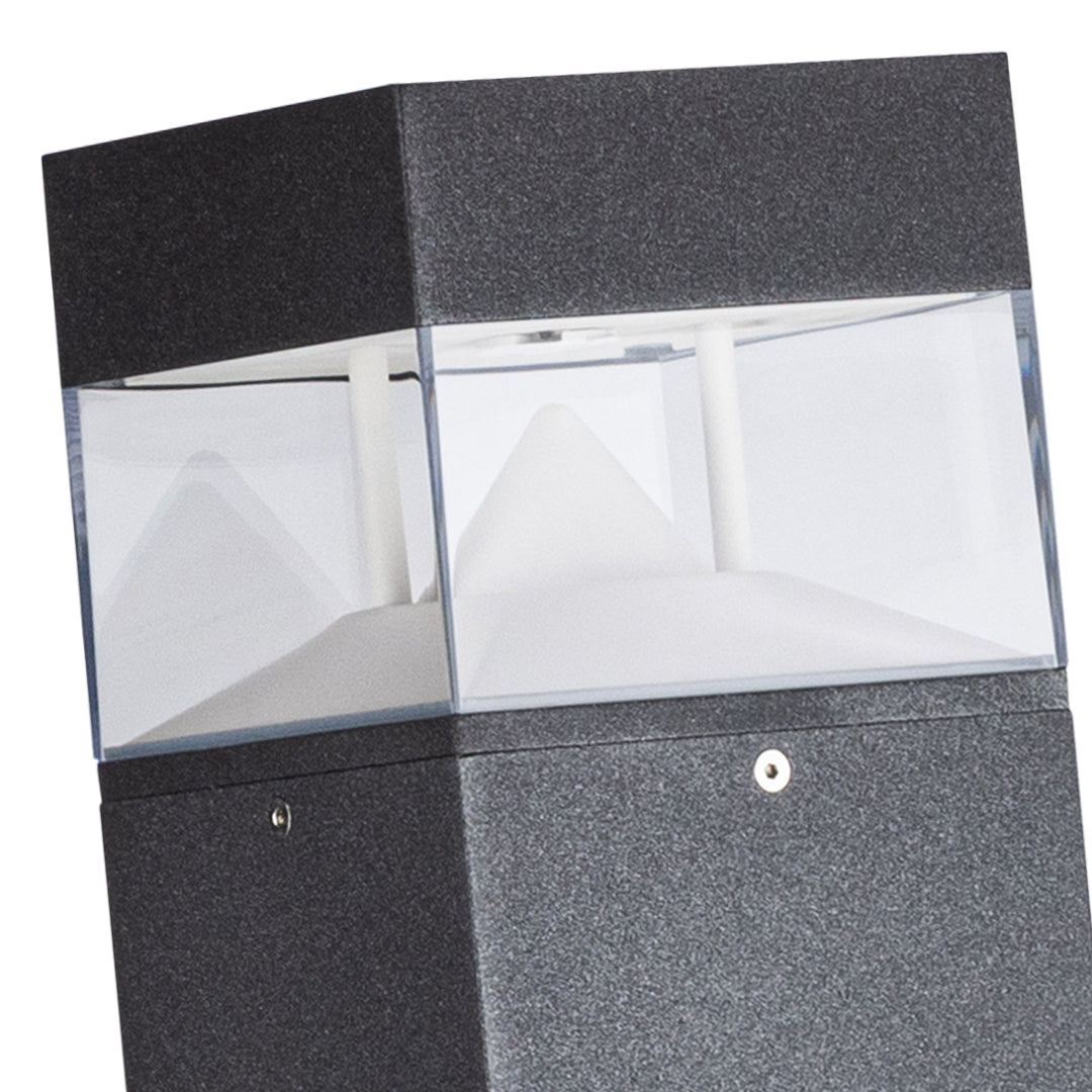 Square bollard with clear horizontal window section and dark top and bottom caps