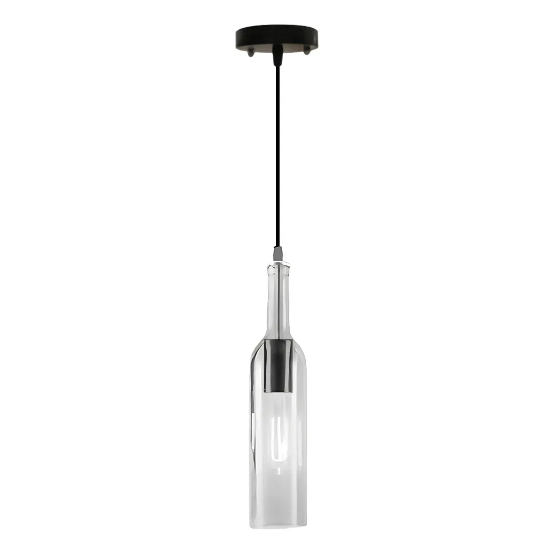 Clear wine bottle pendant light with a sleek bottle-shaped glass shade and black hanging cord.