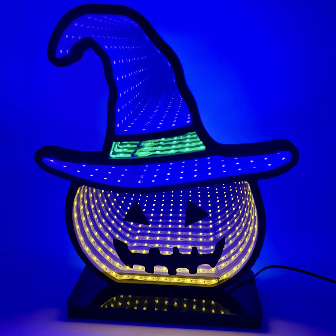 Close-up of the 3D effect halloween pumpkin lights showing LED infinity tunnel reflection and blue lighting.