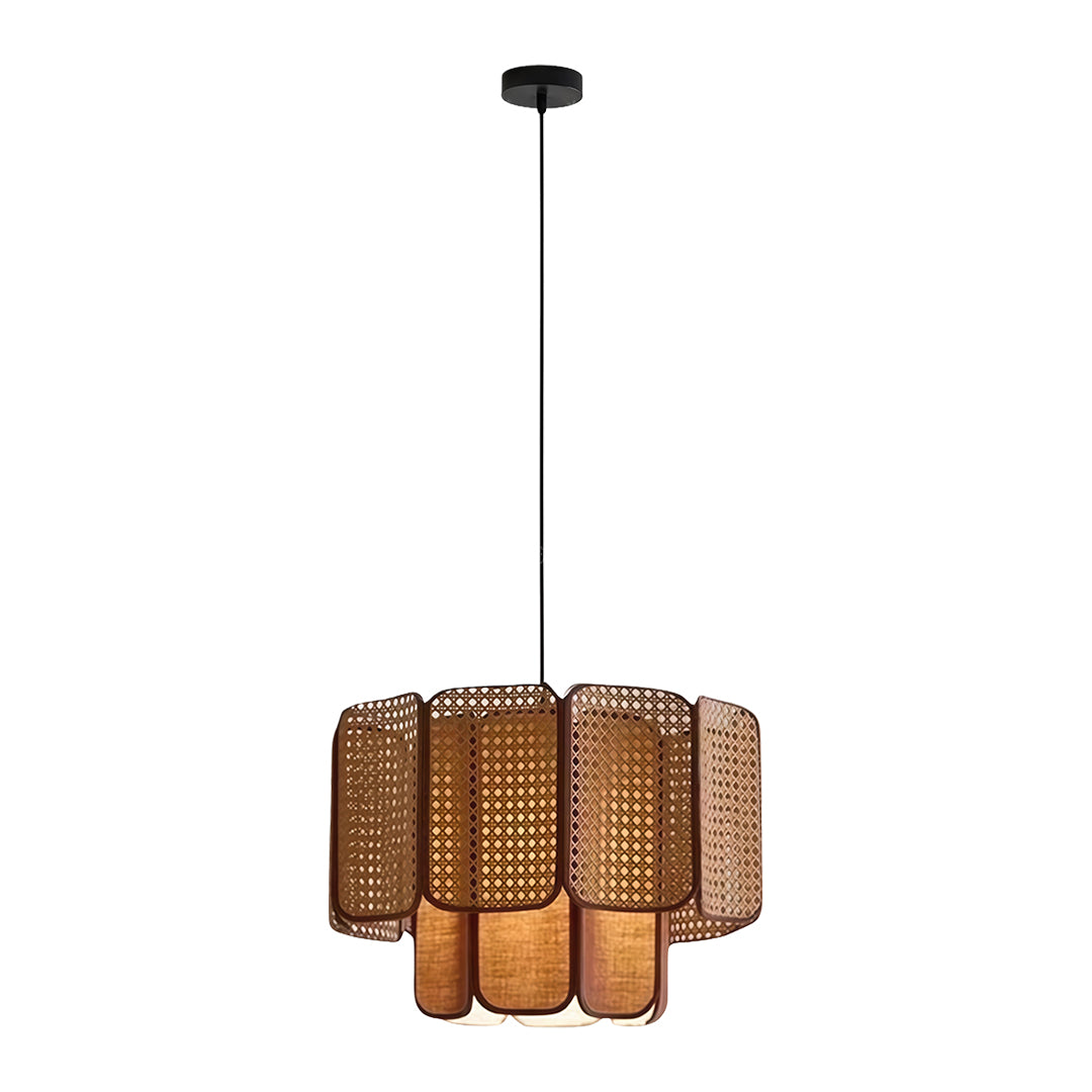 Close-up view of a bamboo pendant light, showcasing its intricate design and warm LED lighting.