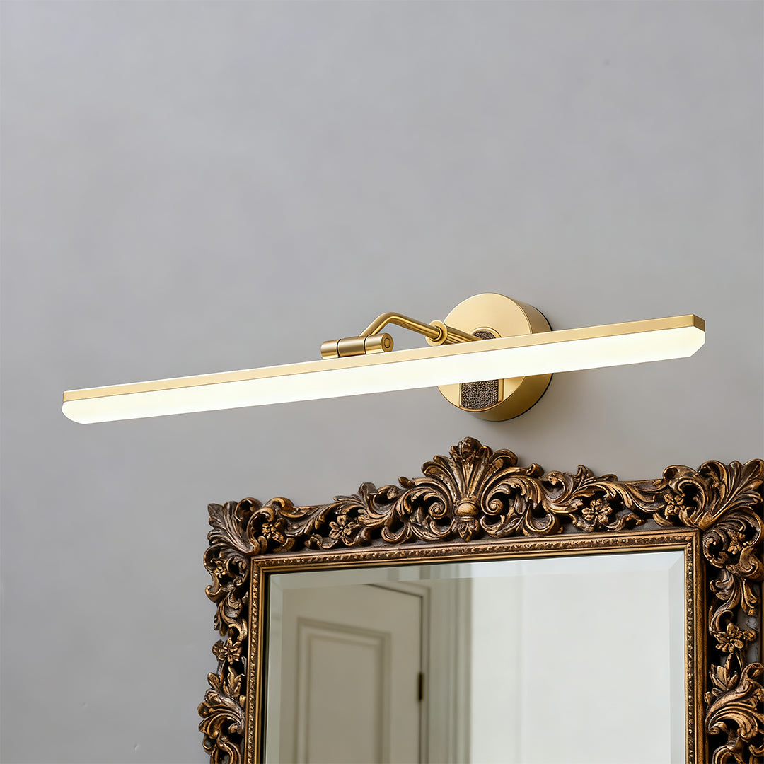 Black and gold bathroom vanity LED light with a close-up of the gold details and sleek design.
