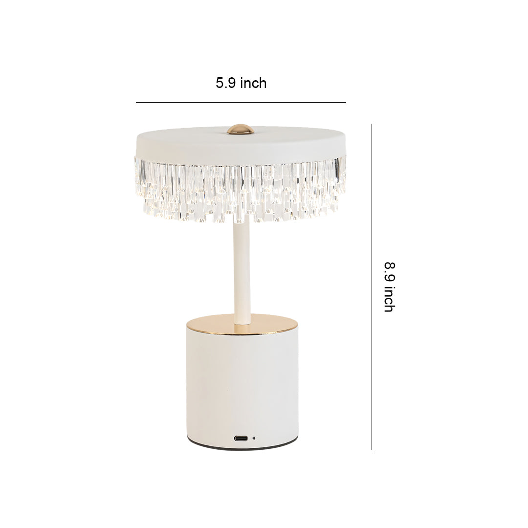 Product dimensions for the white fringe table lamp: 8.5 inches tall with a 5.9 inch wide shade.