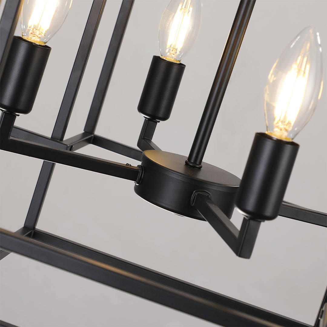 Close-up of an industrial vintage pendant light's black metal frame and bulb, showcasing its detailed craftsmanship.