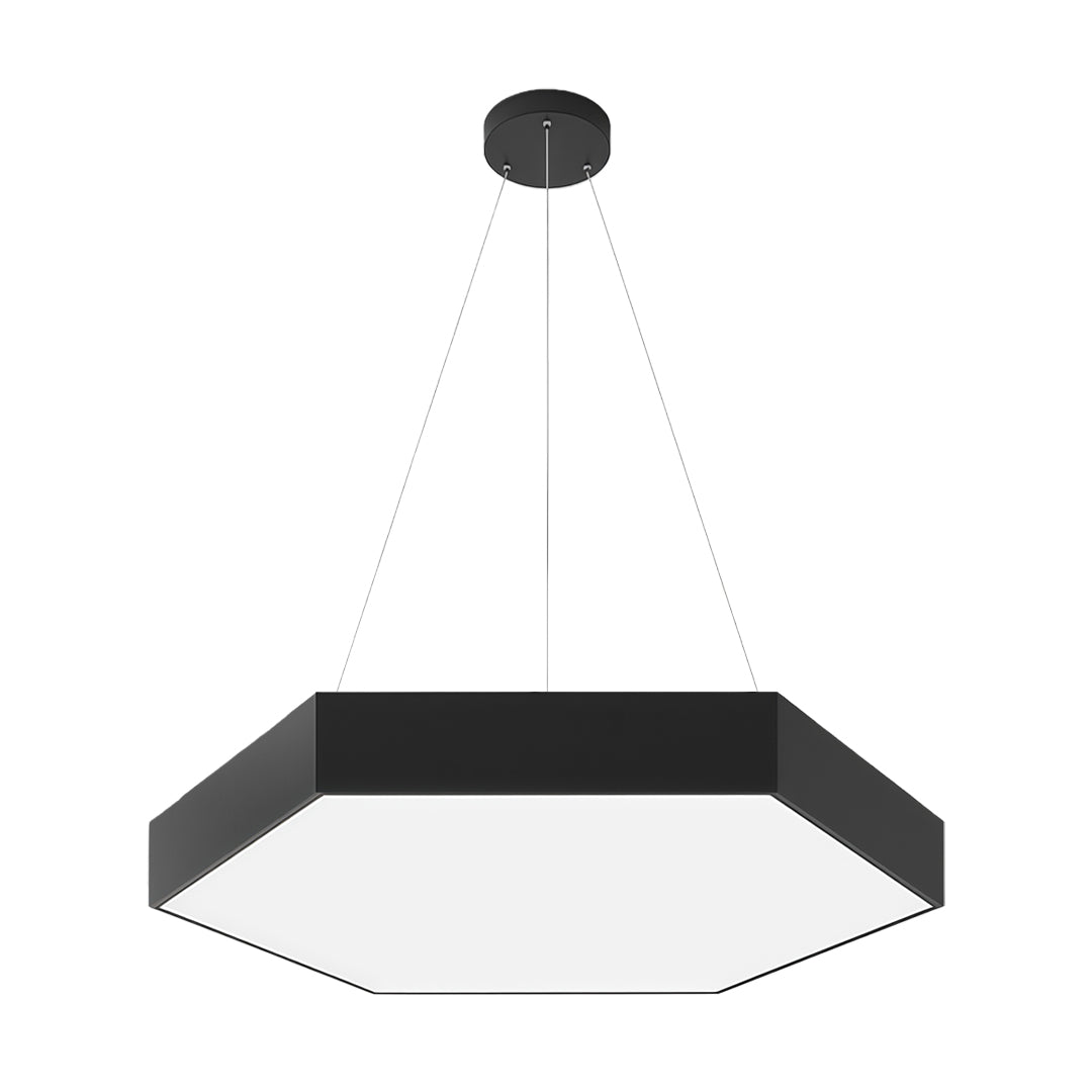 Close-up of a black and white geometric chandelier with precise angles, providing bright illumination.