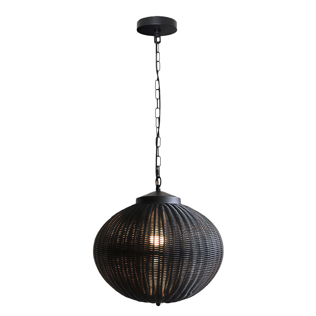 Close-up of a black woven pendant light, offering a unique texture and bold design for stylish spaces.