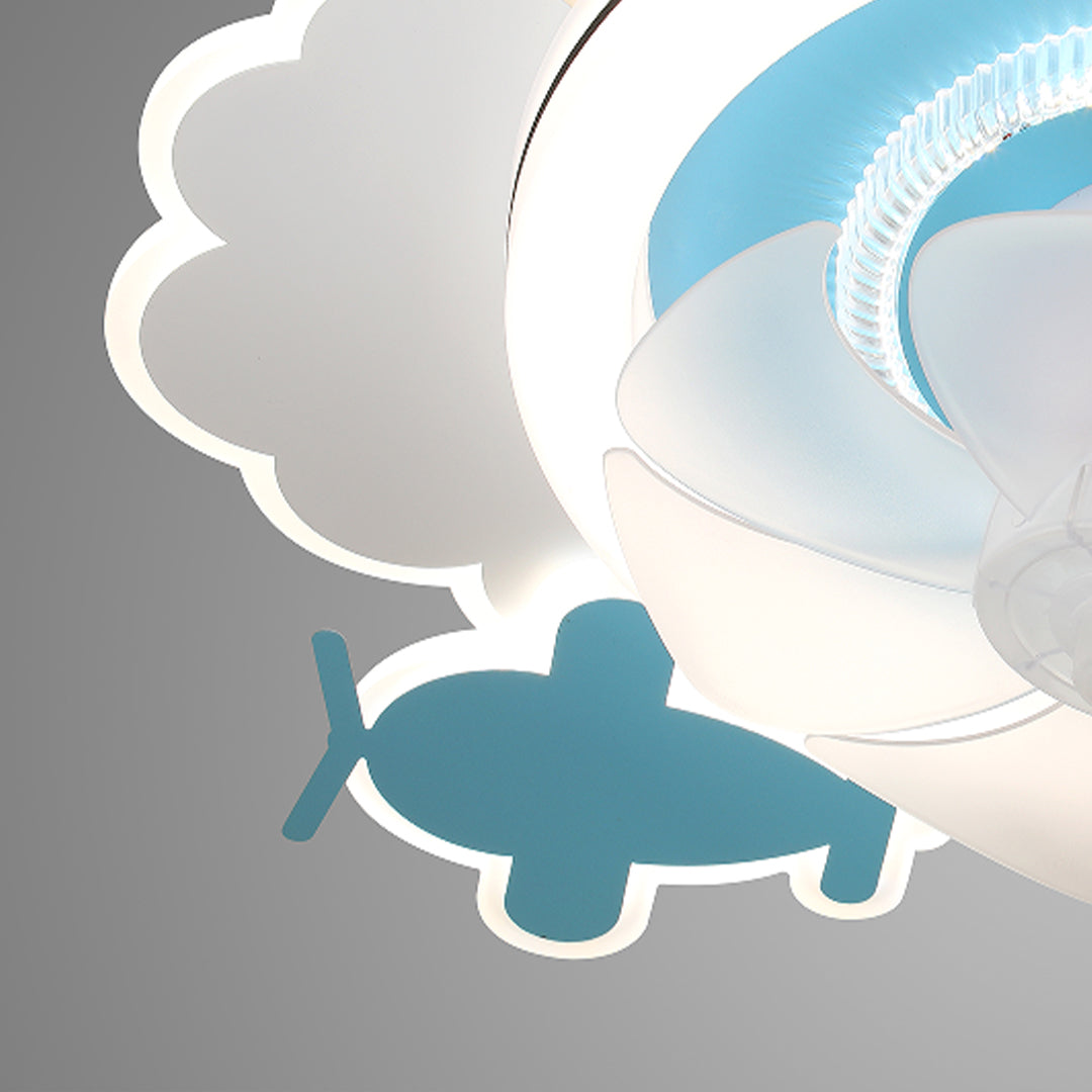 Close-up of the blue airplane decoration and the bright LED illumination on the children's ceiling fans with lights fixture. 