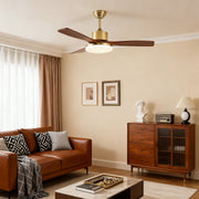 Close-up of ceiling fan blades with light, highlighting the wooden finish and gold accents.