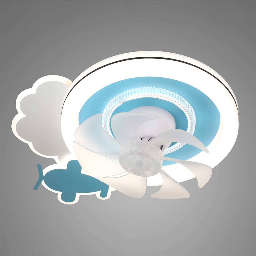 Detailed close-up of the children's ceiling fans with lights showing the small hidden white blades and blue-toned cloud ring. 