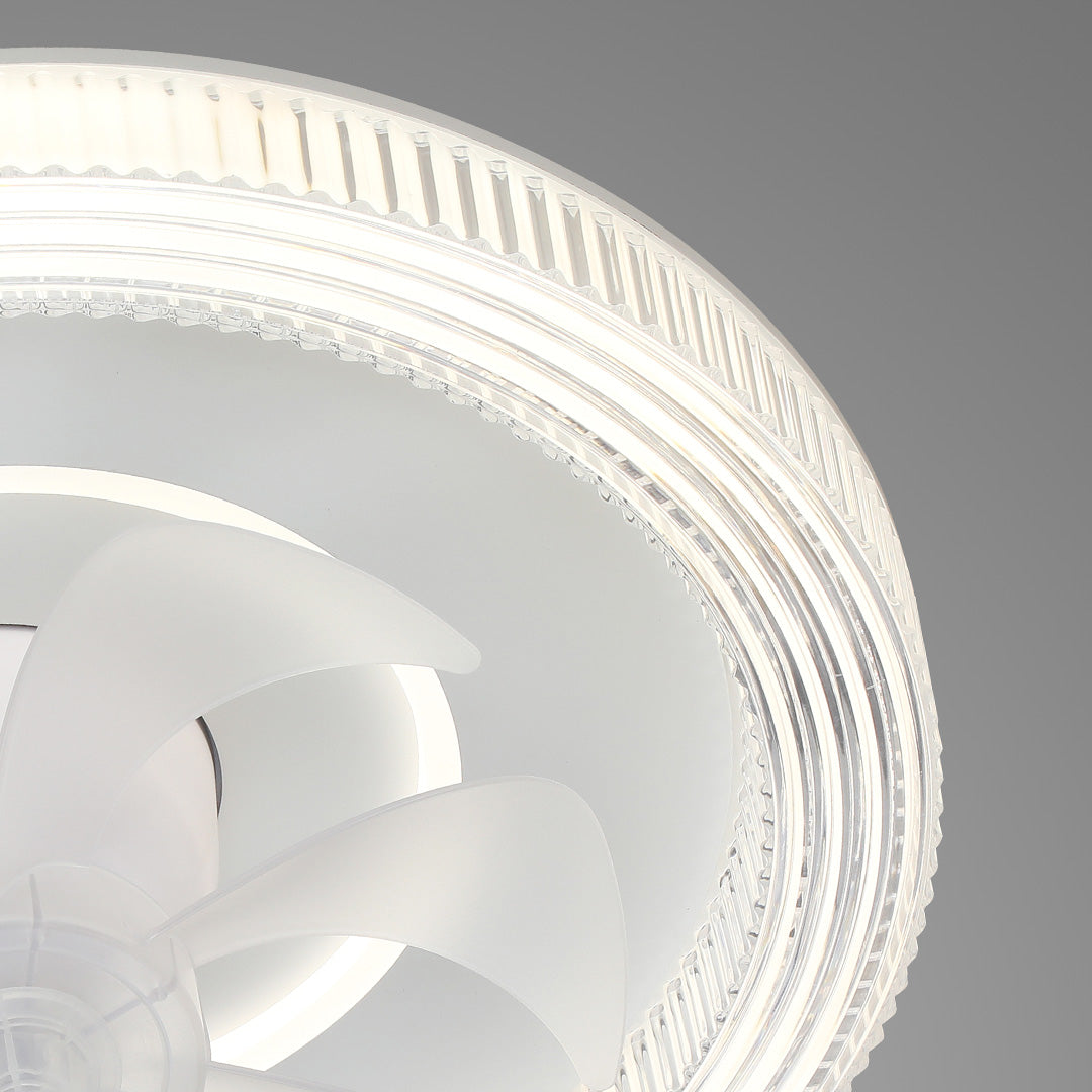 Close-up detail of the circular ceiling fan with light showing the decorative crystal-like outer ring and bright LED illumination. 