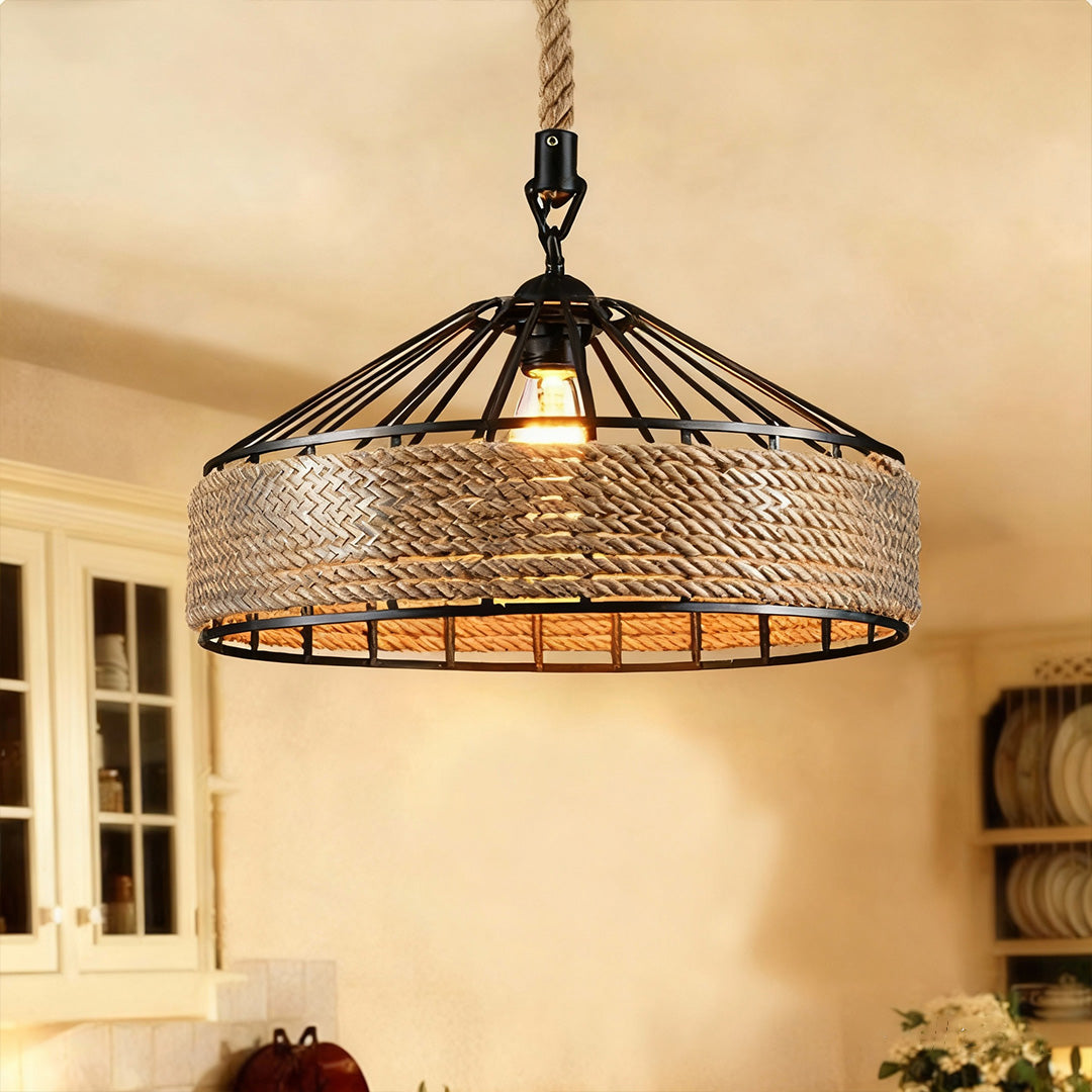 Close-up of circular pendant light woven shade, detailed view of natural texture