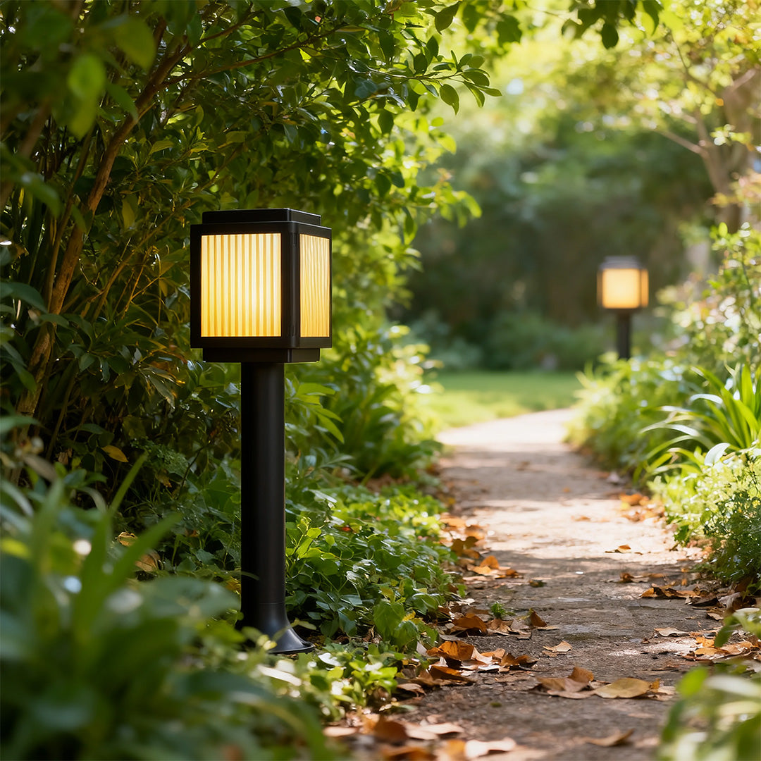 Close-up of a contemporary solar path light, highlighting the black finish and warm light source.
