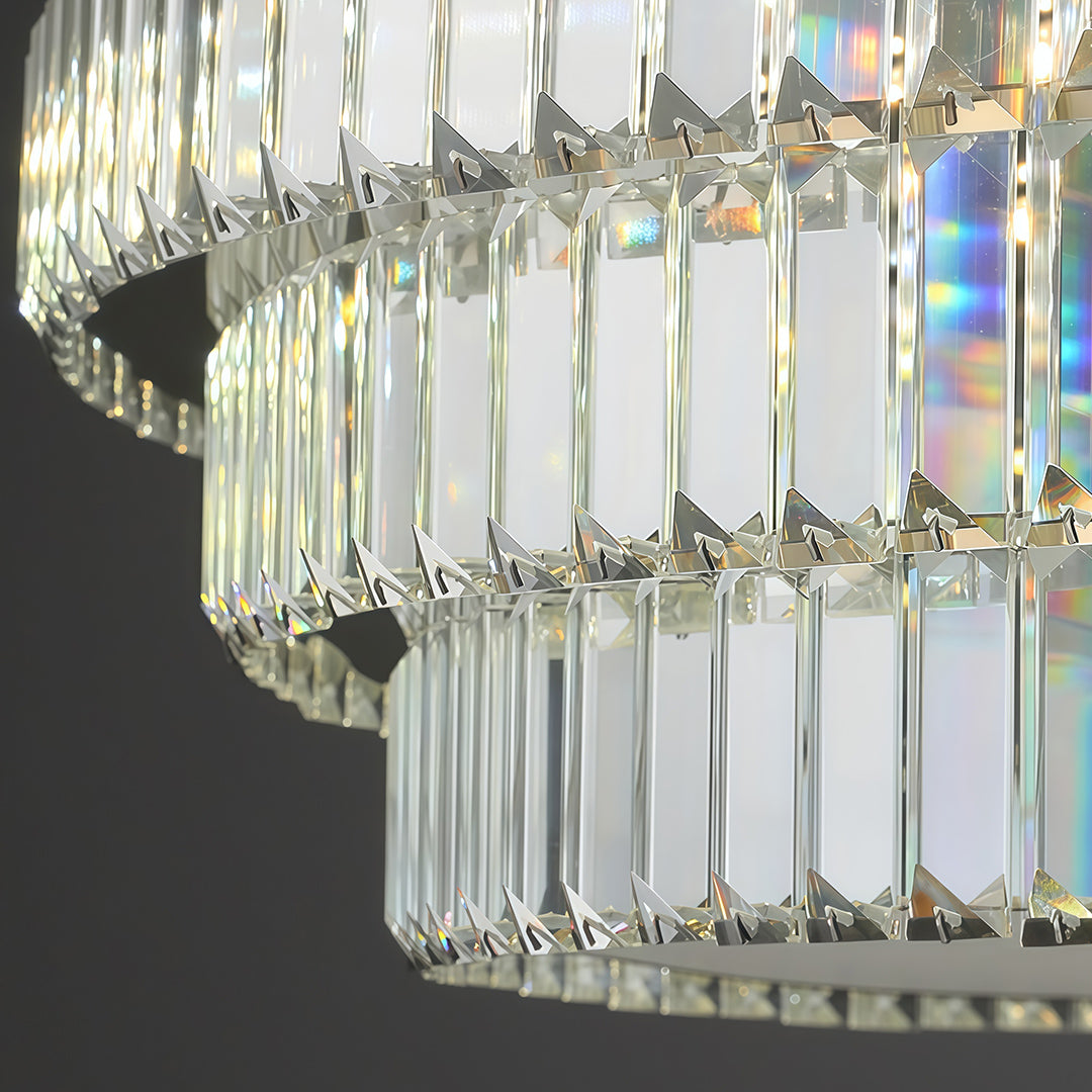 Close-up of crystal detailing on LED flush mount lighting fixture.