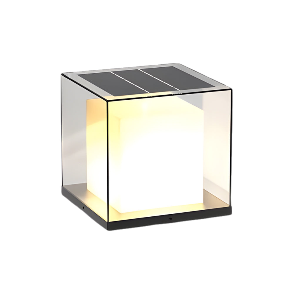 Close-up of a cube gate pillar light, showcasing its clean lines and warm interior glow.